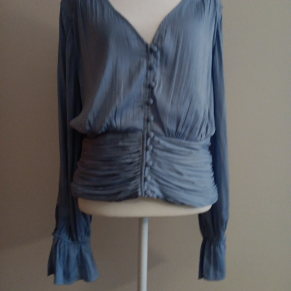 Anthropologie Satin Pullover Smocked Blouse Women's Size Large Baby Blue Cropped